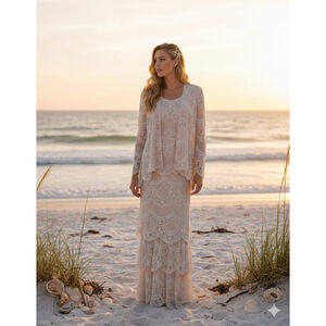 Damianou Skirt Suit 3pc S Champagne Metallic Crochet Lace